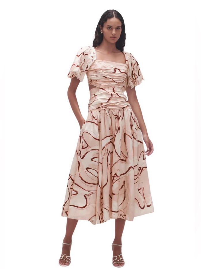 Aje Marianne Baby Pink Printed Ruched Cutout Puff Sleeve Midi Dress Au6/Us2 Nwot